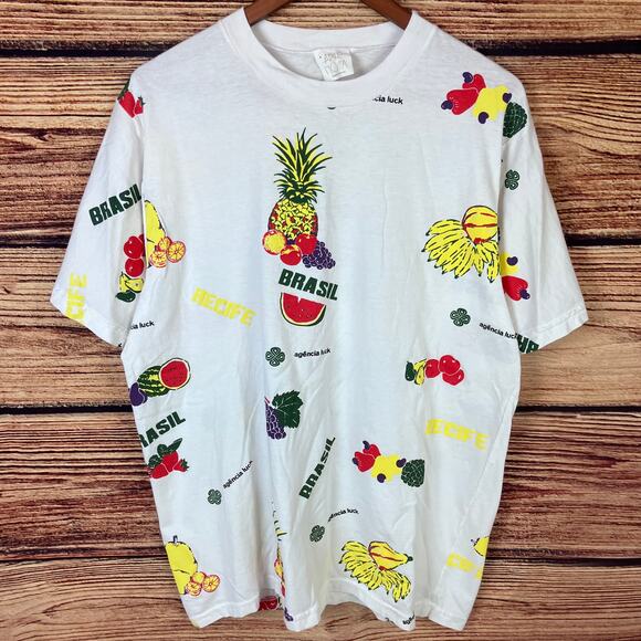 Vintage Brazil Fruit All Over Print T-shirt - Picture 1 of 7